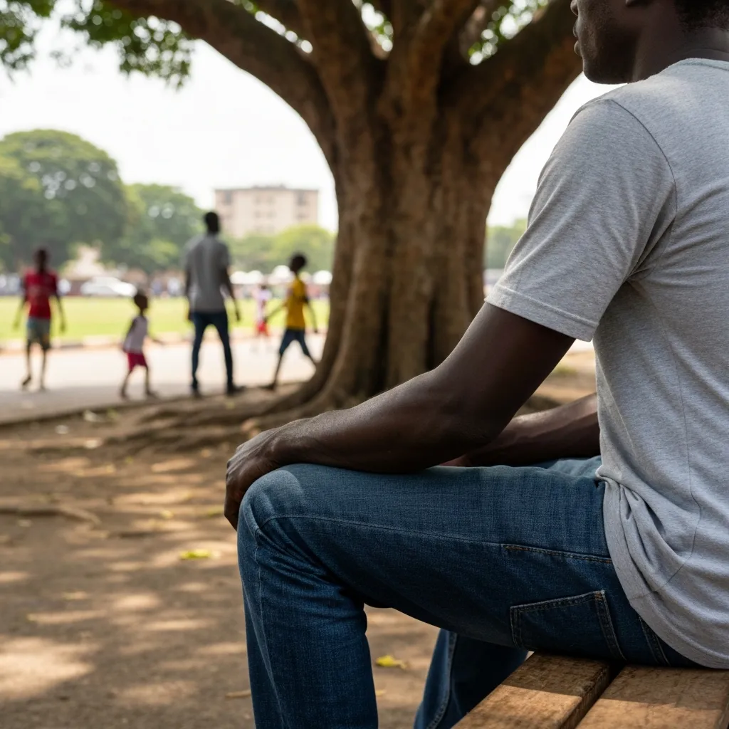 Man sits on bench under tree in park.