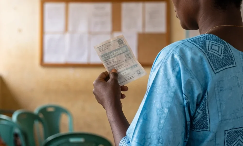 Woman holds bill near NIMC poster.