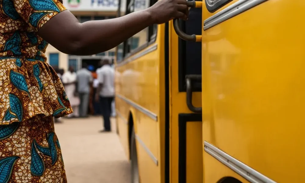 Woman by yellow bus near FRSC office.