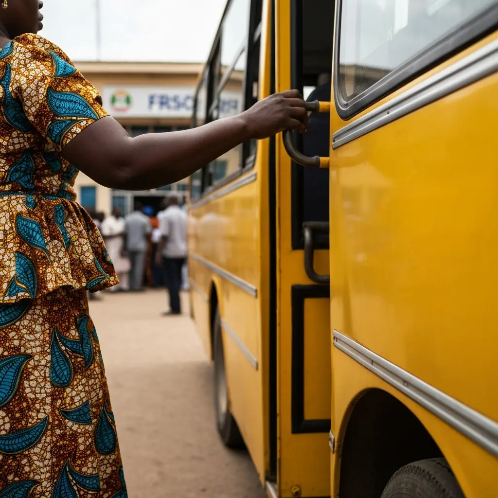 Woman by yellow bus near FRSC office.
