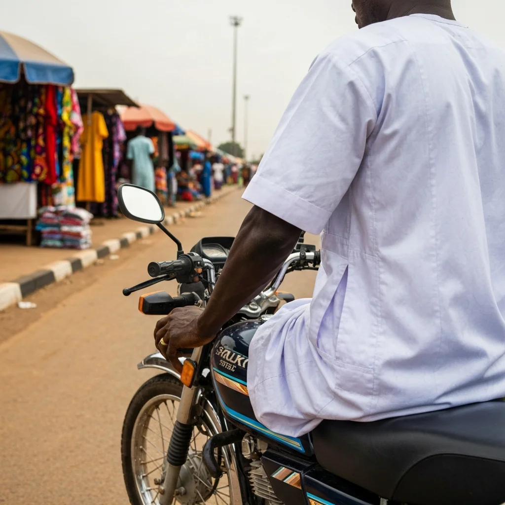 Man's hands on parked motorcycle.