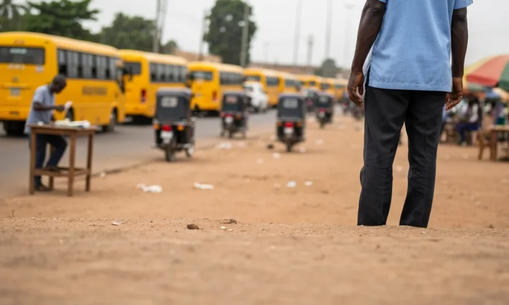Man looks at busy road.
