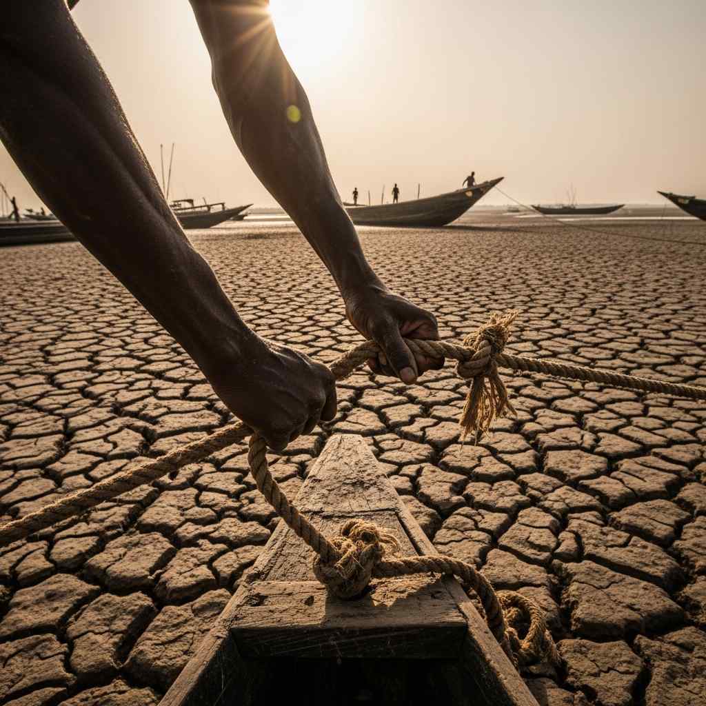 Hands pulling a rope to move a boat on a cracked, dry riverbed