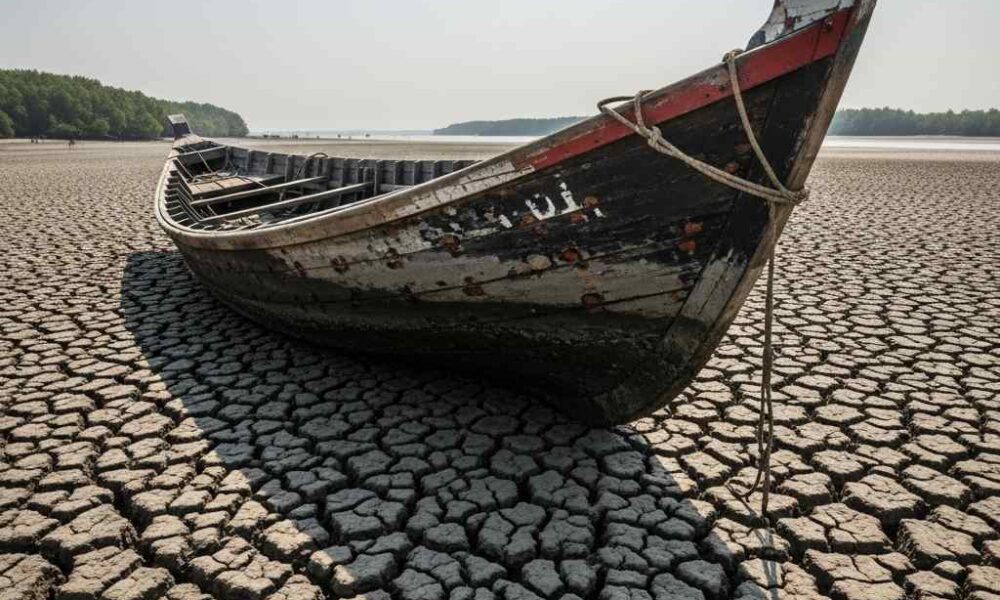 A wooden bo on a cracked, dry riverbed under a bright sun
