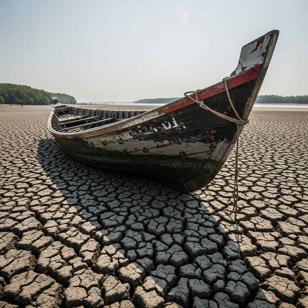 A wooden bo on a cracked, dry riverbed under a bright sun