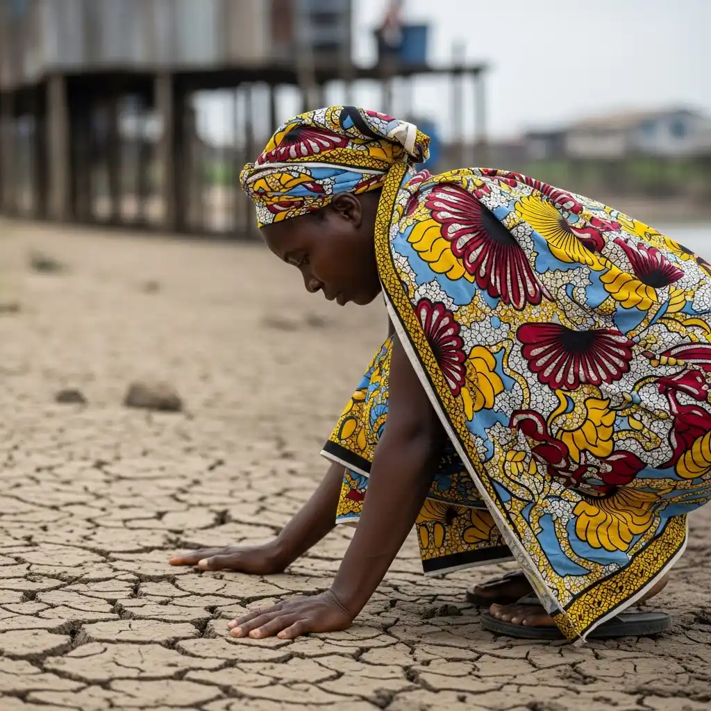 Woman kneels on cracked earth, former riverbank, Warri.
