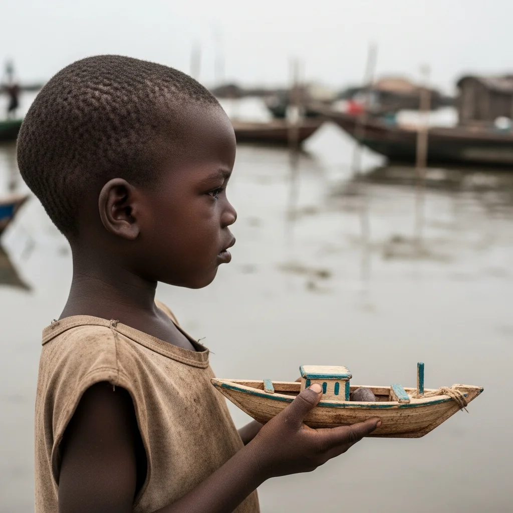 Boy looks at receding water, toy boat in hand.