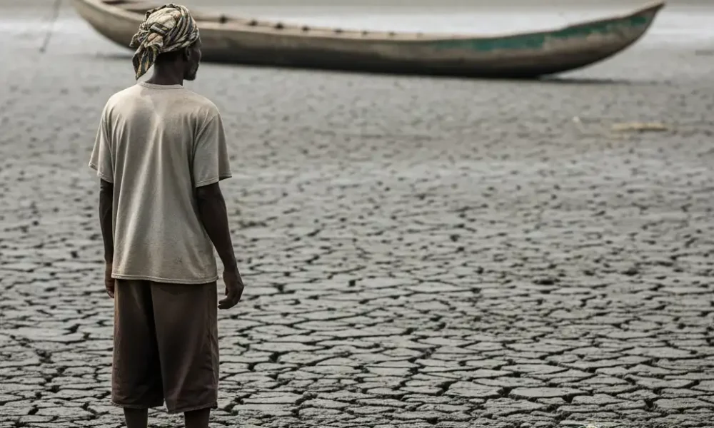 Fisherman stands on cracked mud with canoe in distance.