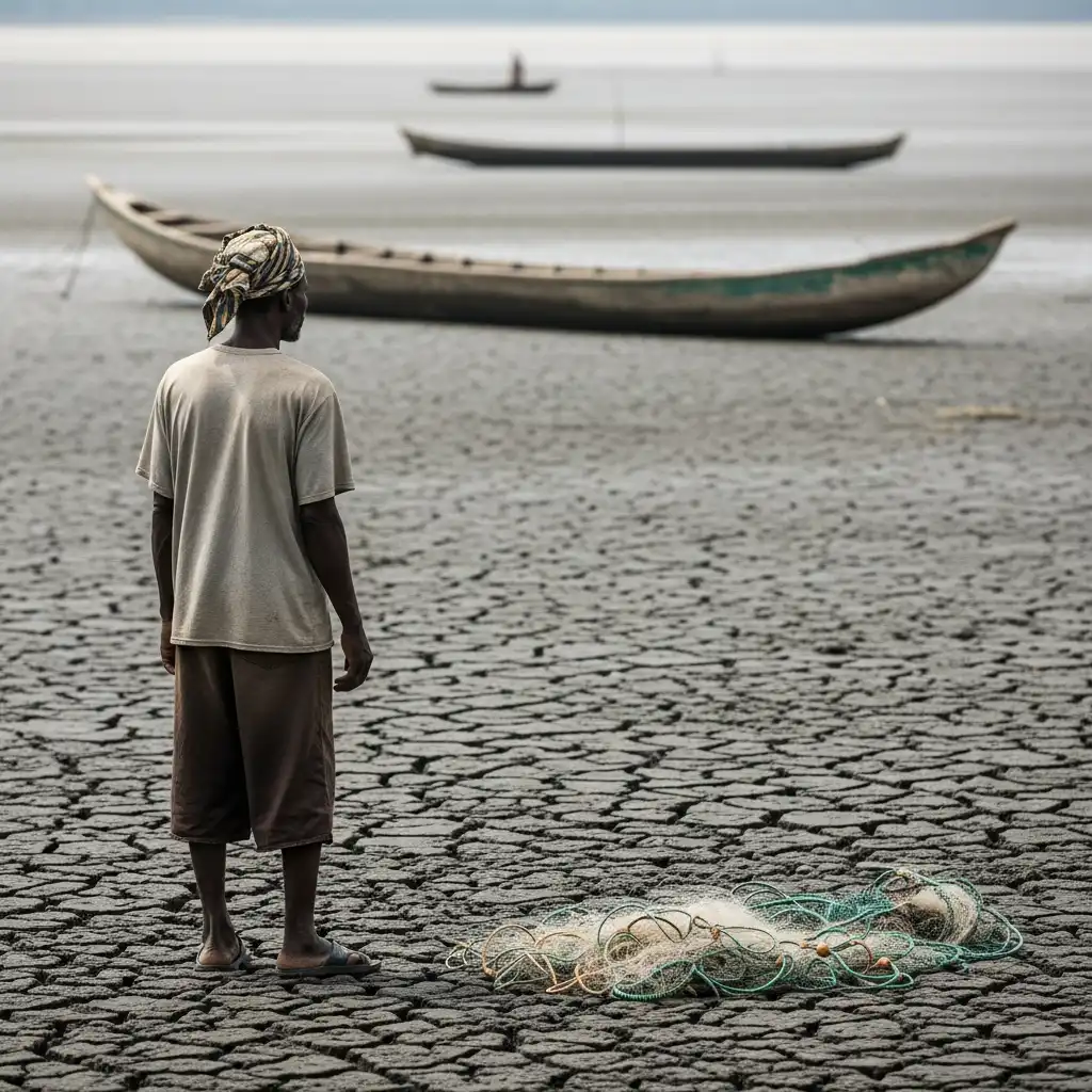 Fisherman stands on cracked mud with canoe in distance.