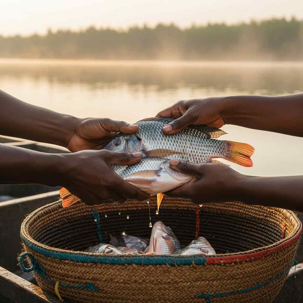 Hands offering fresh fish to another person by the river
