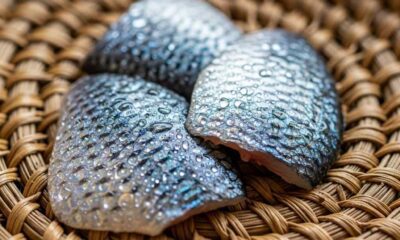 An extreme close-up fish scales inside a traditional woven basket