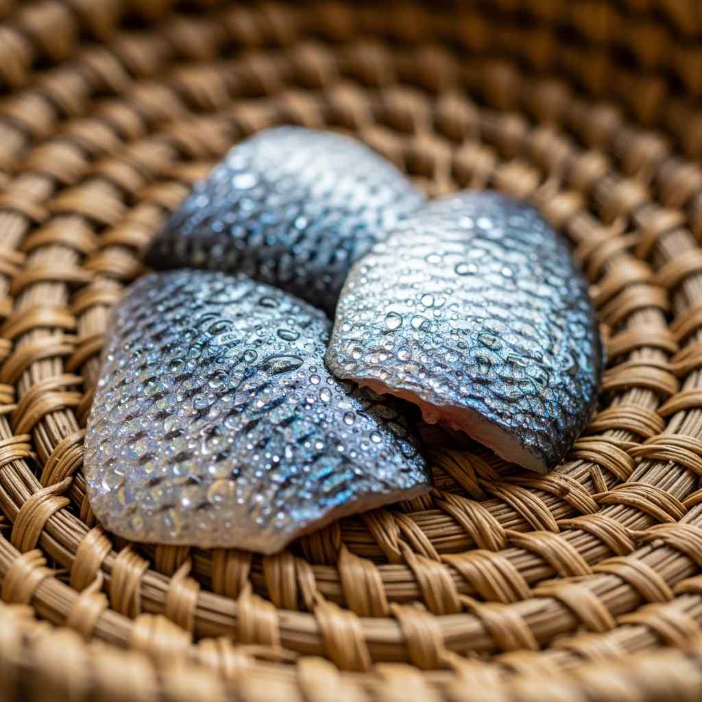 An extreme close-up fish scales inside a traditional woven basket