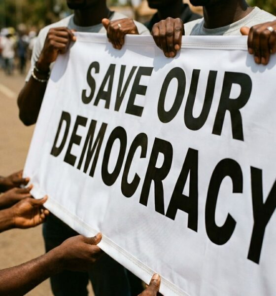 Symbolic placards at a democracy protest in Abuja