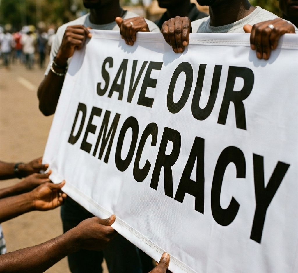 Symbolic placards at a democracy protest in Abuja