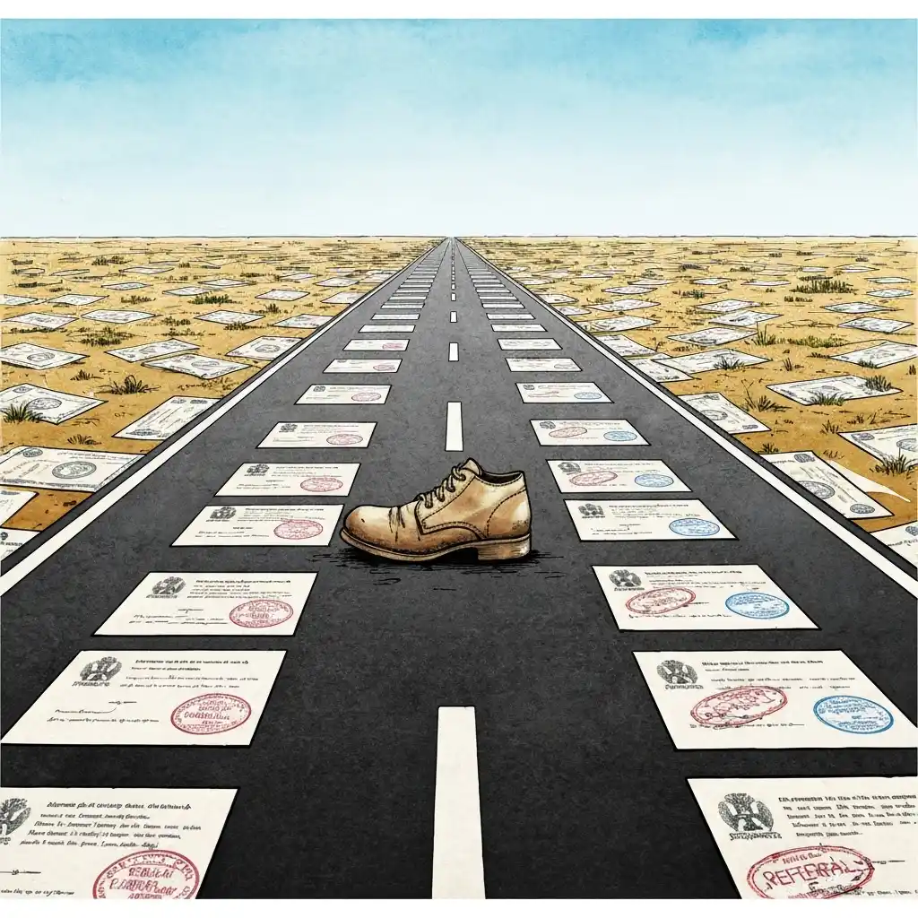 Single shoe on document-strewn road to the horizon.