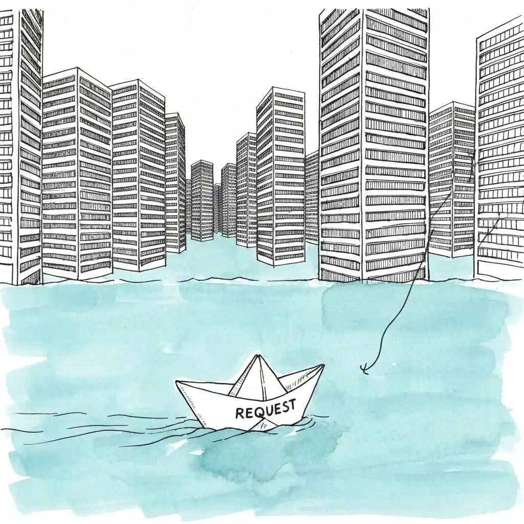 Paper boat navigates a sea of office buildings.