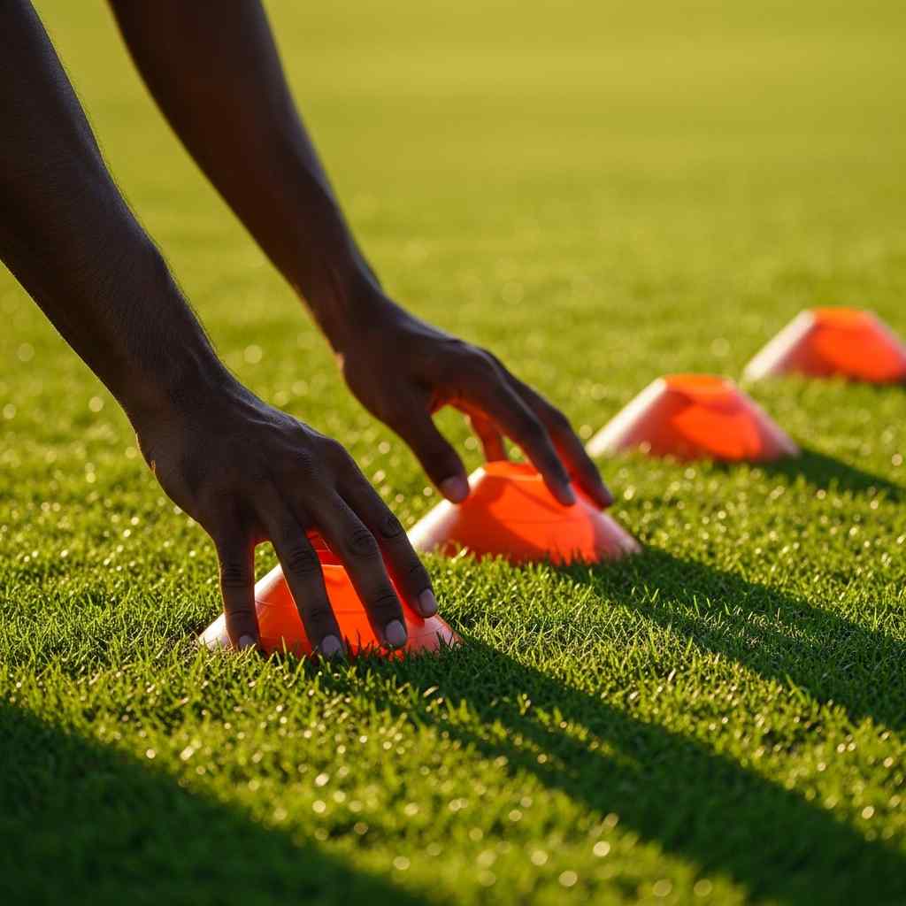 Hands placing orange cones on green grass