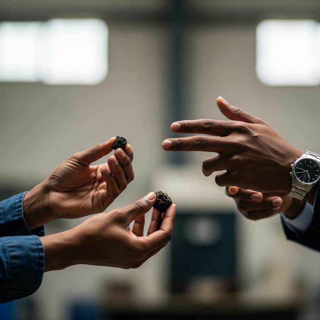 Two people holding small rocks, one gesturing