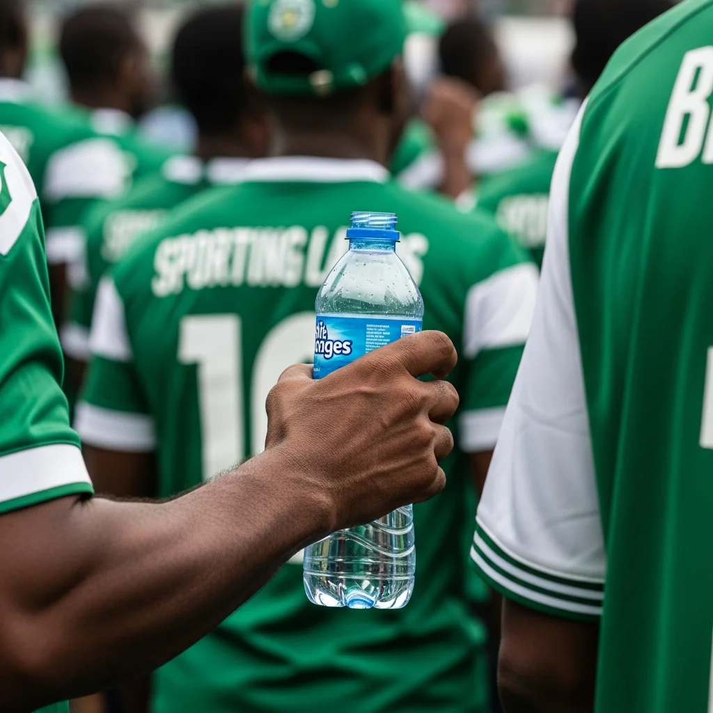 Hand holding water bottle at Sporting Lagos game.