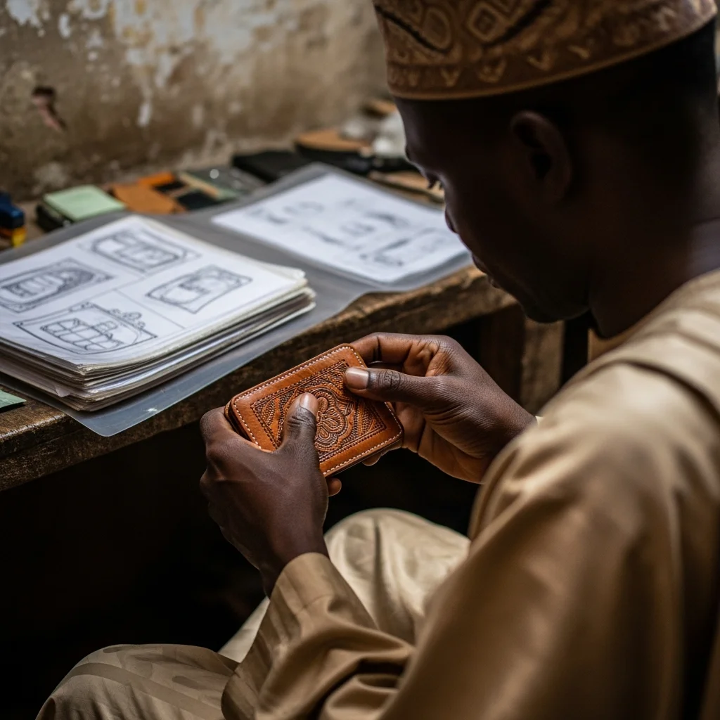 Leather worker examines stitched wallet.