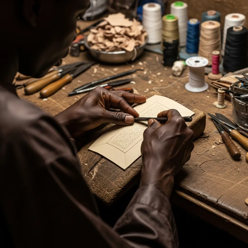 Hands trace design on leather in Sokoto workshop.
