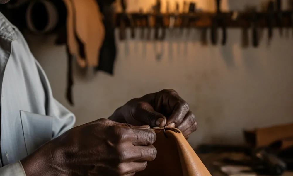 Leather worker stitches tan leather.