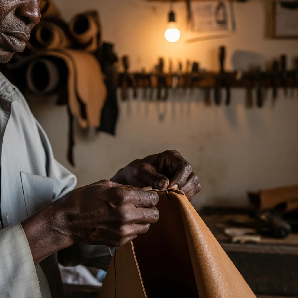 Leather worker stitches tan leather.
