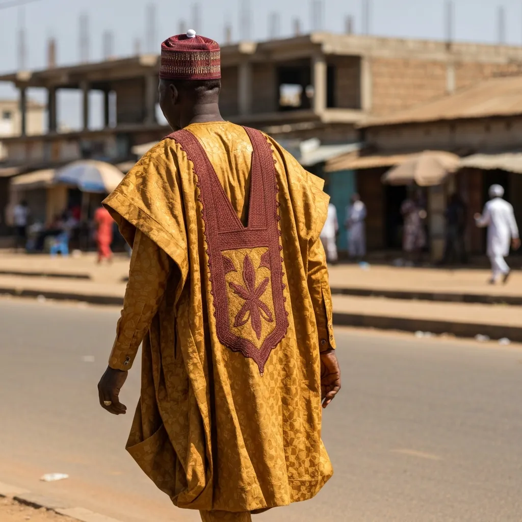Man in Yoruba robe walks on Ogun State road.