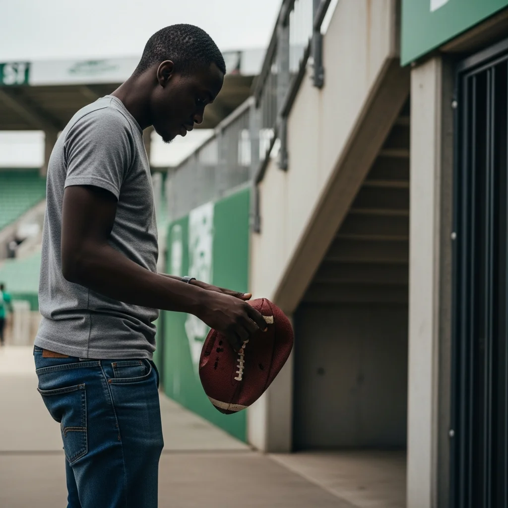 Man with deflated ball near stadium.