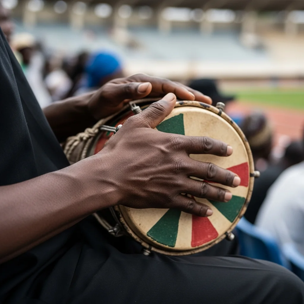 Hands hold Nigerian flag drum.