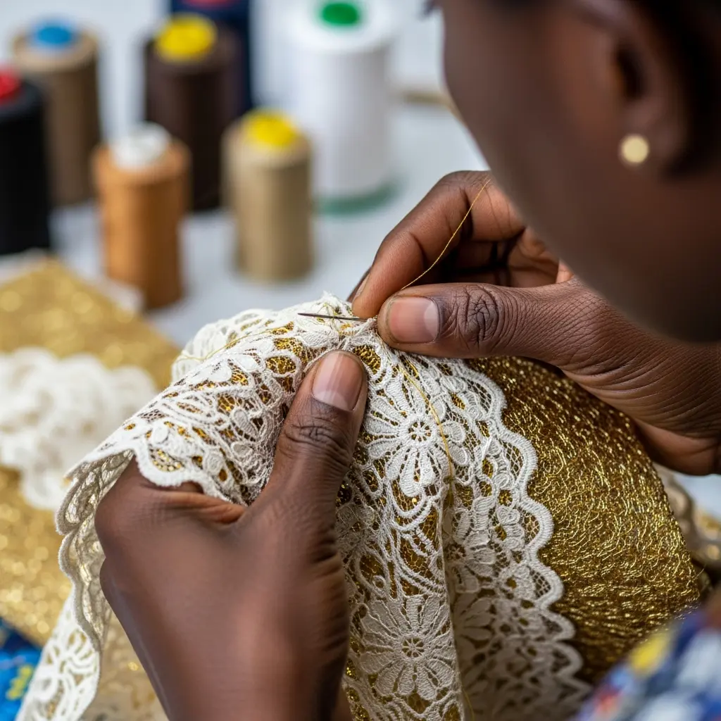Needle stitching lace and gold .