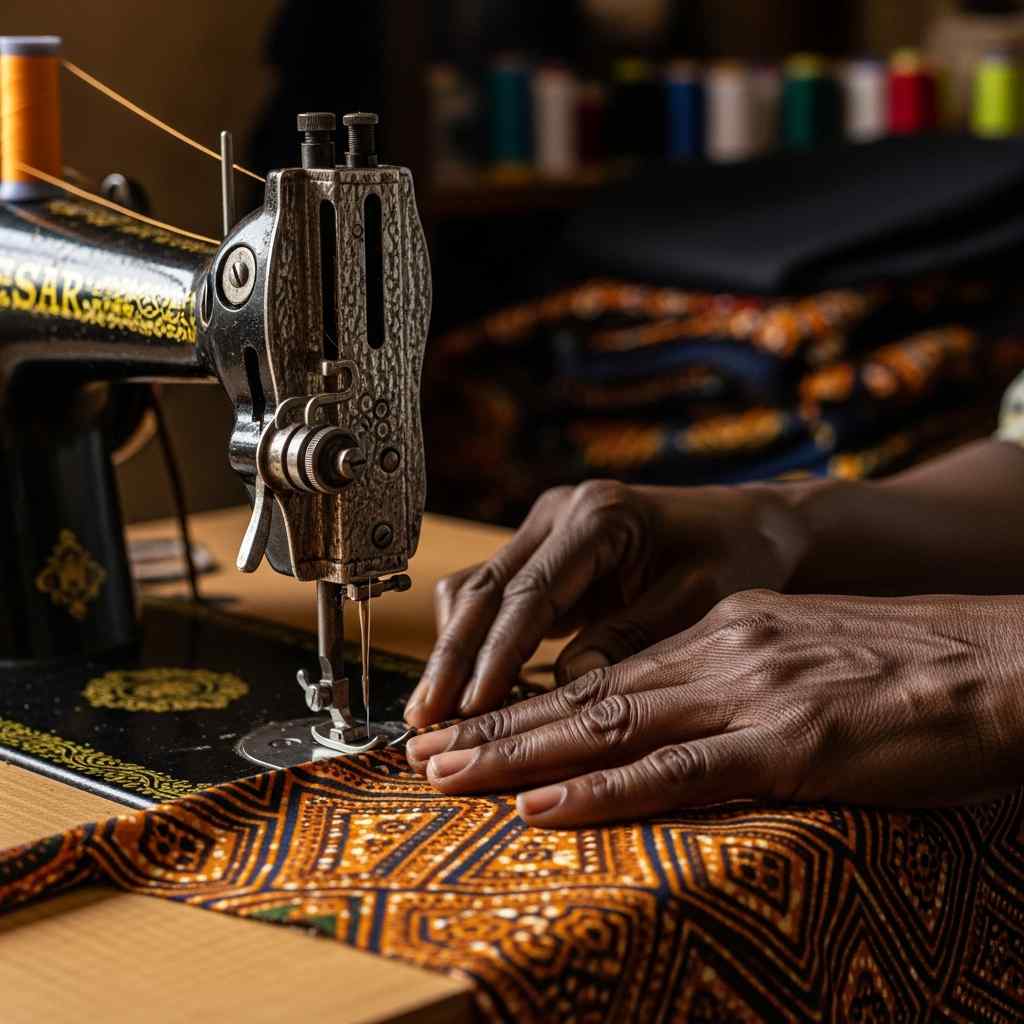 A tailor's hands guide fabric under the needle of a mechanical sewing machine. The fabric is patterned and the focus is tight on the stitching. The hands move with the patience of someone who has done this for decades.