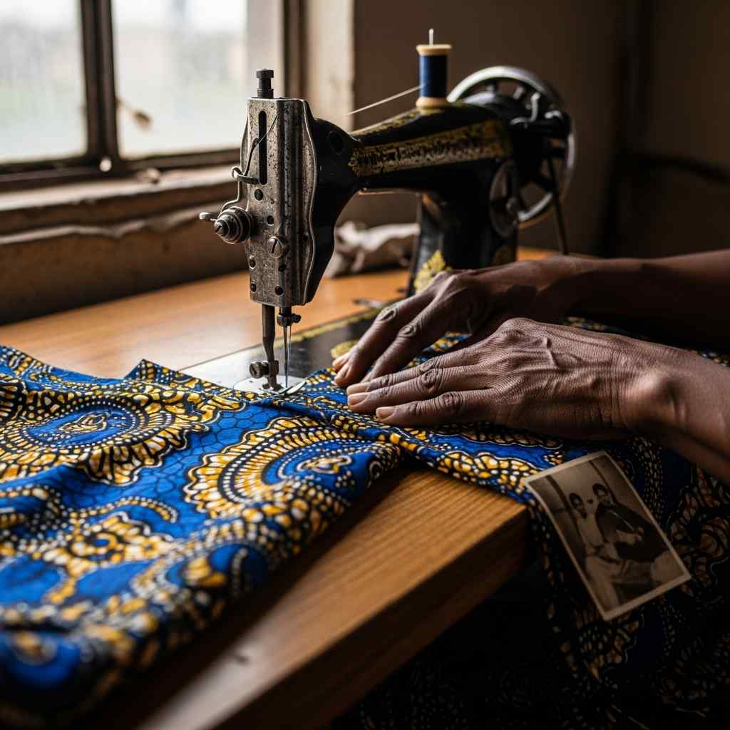 Close-up of a tailor's hands sewing patterned fabric next to a weathered vintage photograph. The photograph shows a woman in a dress. The fabric on the machine matches the pattern in the photo. The hands bridge two moments in time.