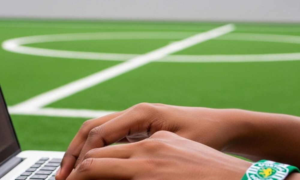 Hands type on laptop with Sporting Lagos wristband. Football pitch background.