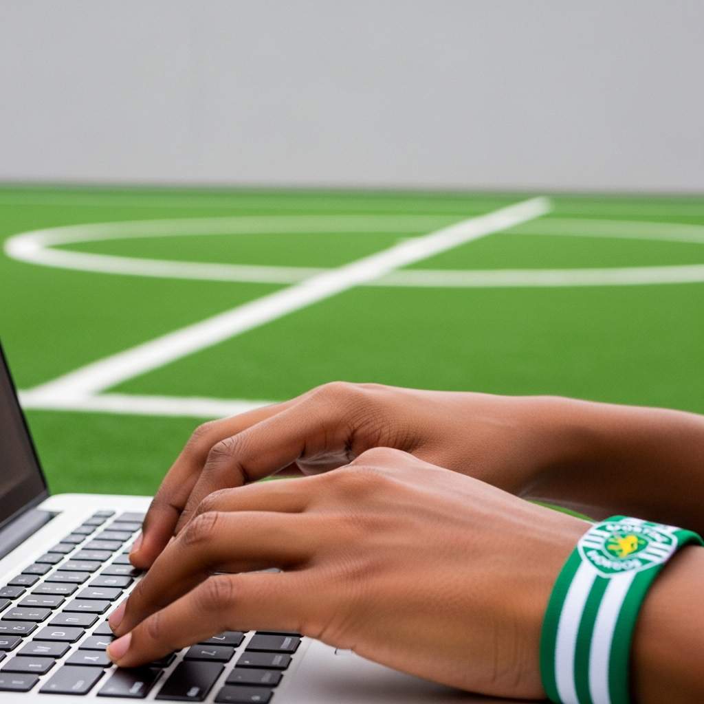 Hands type on laptop with Sporting Lagos wristband. Football pitch background.