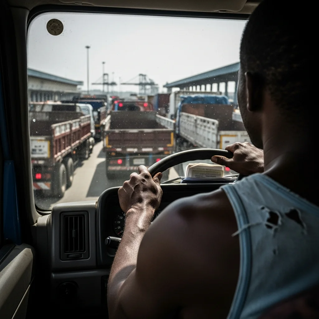 Truck driver's hands on steering wheel in gridlock.