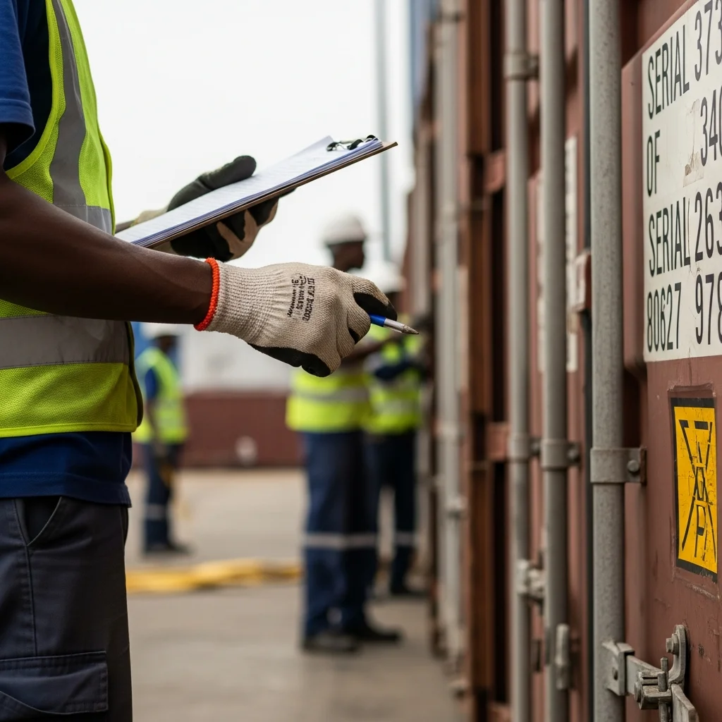 Worker inspects container at Apapa port