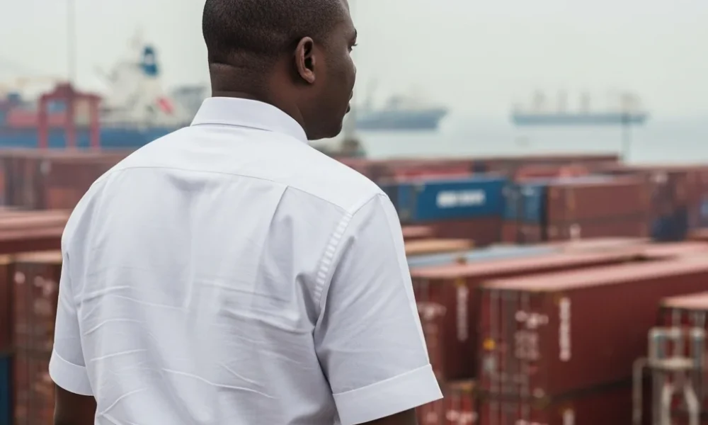 Kehinde Salami overlooks Apapa port and shipping containers.