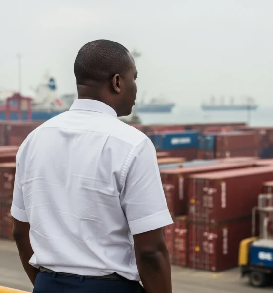 Kehinde Salami overlooks Apapa port and shipping containers.