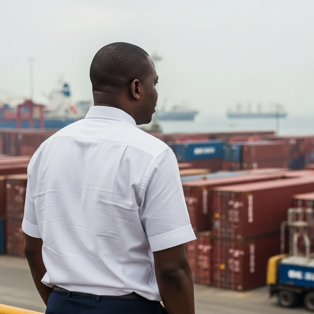 Kehinde Salami overlooks Apapa port and shipping containers.