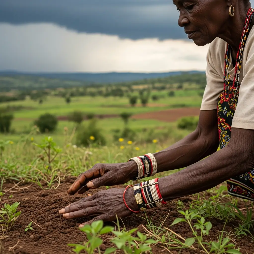 Elderly woman's hands touch soil, storm clouds behind.