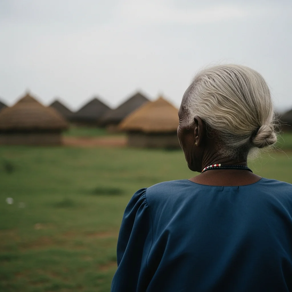 Elderly woman in blue gown, Jos Plateau huts blurred.