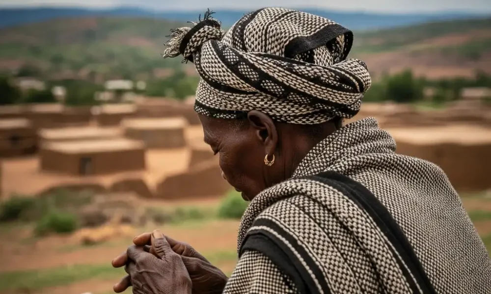 Elderly woman listens on hill, stormy sky behind.