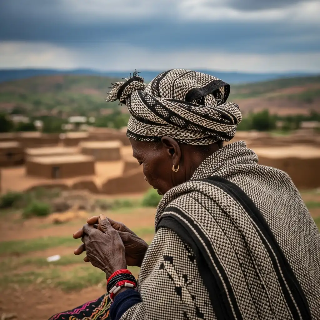 Elderly woman listens on hill, stormy sky behind.
