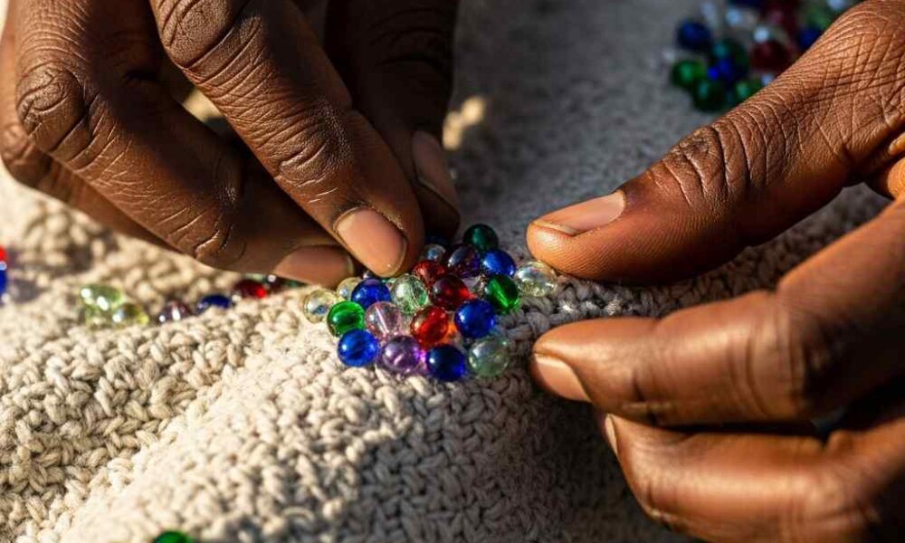 Colorful beads on woven fabric texture
