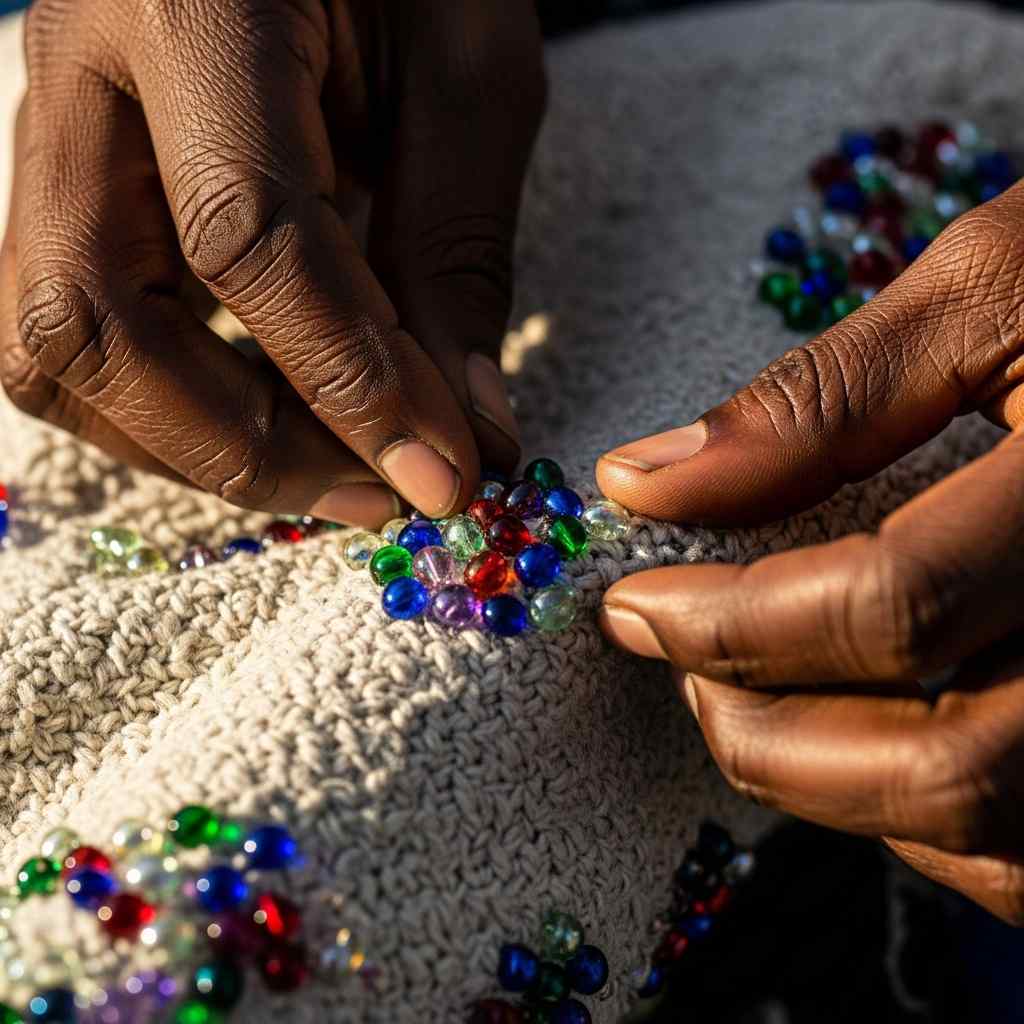 Colorful beads on woven fabric texture