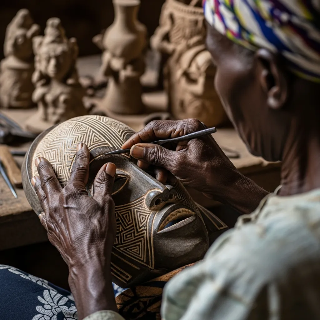 Hands carve wooden Orïsha mask.