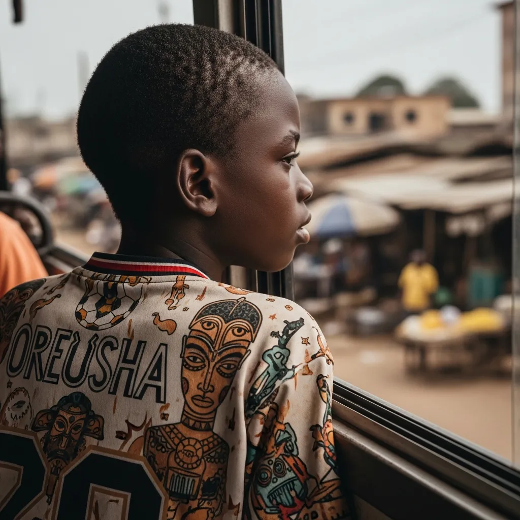 Boy in jersey looks out bus window in Lagos.