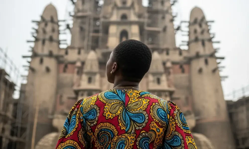 Woman in Ankara dress before large film set.