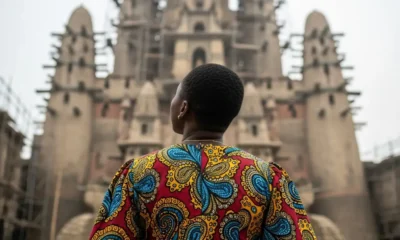 Woman in Ankara dress before large film set.